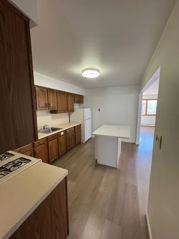a large kitchen with a lot of counter space and wooden floor