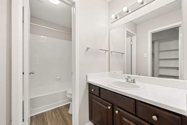 a bathroom with a sink tub double vanity and a mirror
