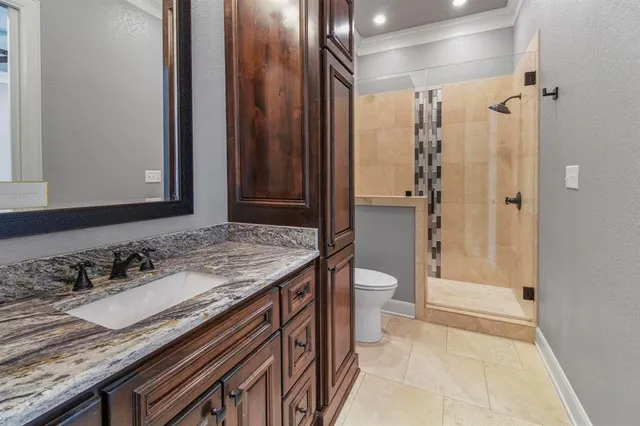 a bathroom with a granite countertop sink a toilet and shower