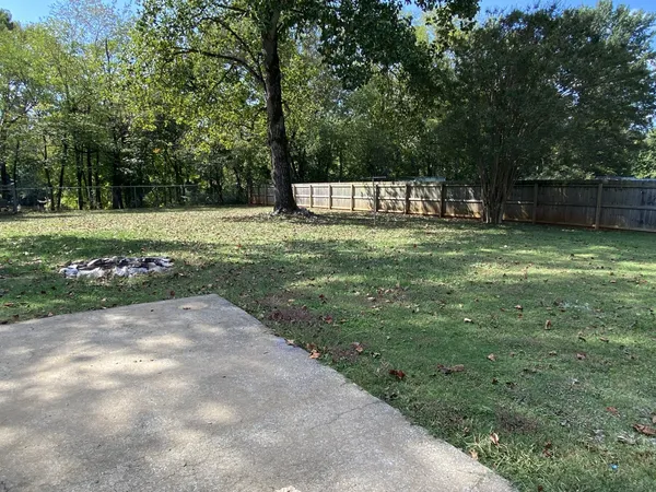a view of a park with large trees