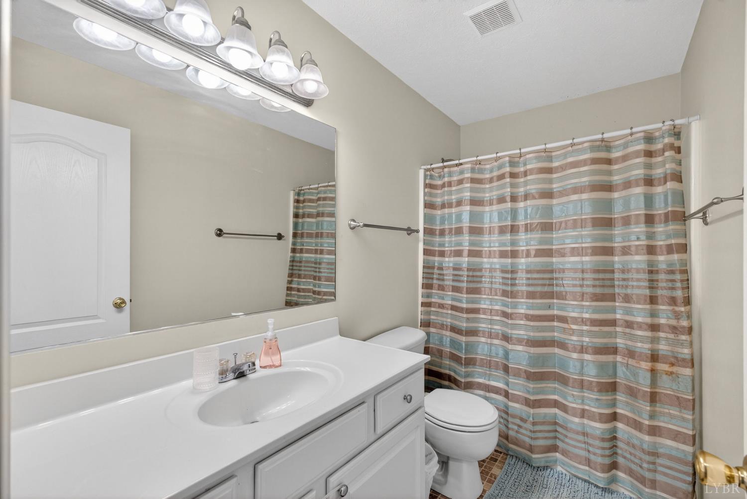 211 Wessex Road Lynchburg, VA 24501 - Photo 23 of 56 a bathroom with a sink a toilet a mirror and shower curtain