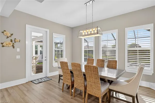 a view of a dining room with furniture windows and wooden floor