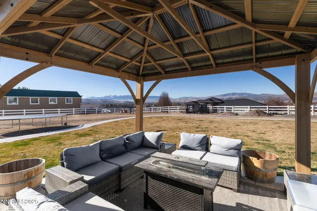 a view of swimming pool with seating area