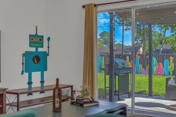 a room with musical instruments and windows