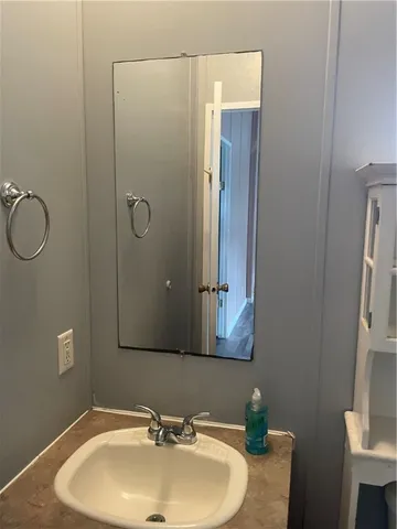 a bathroom with a sink and a mirror