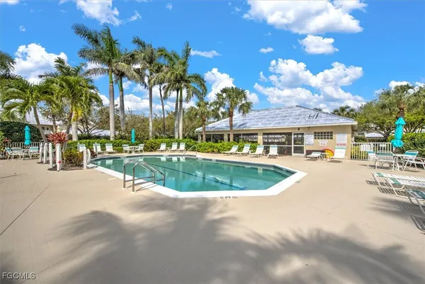 a view of a swimming pool with a lawn chairs and plants