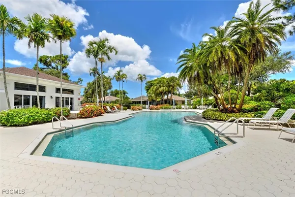 a view of a swimming pool with a lawn chairs under palm trees