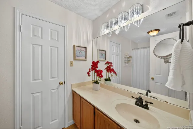 a bathroom with a sink vanity and a mirror