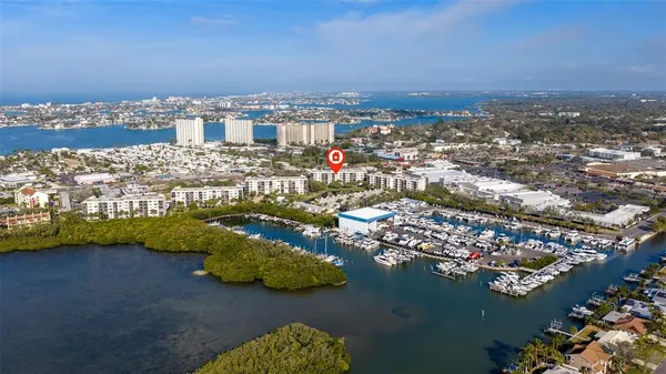 an aerial view of residential building and lake