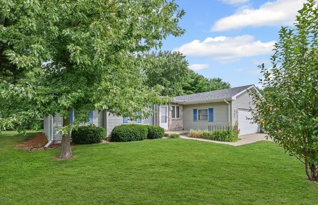 a view of backyard of a house with plants and large tree
