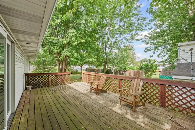 a view of a backyard with large trees