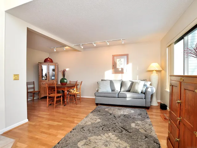 a living room with furniture and a dining table