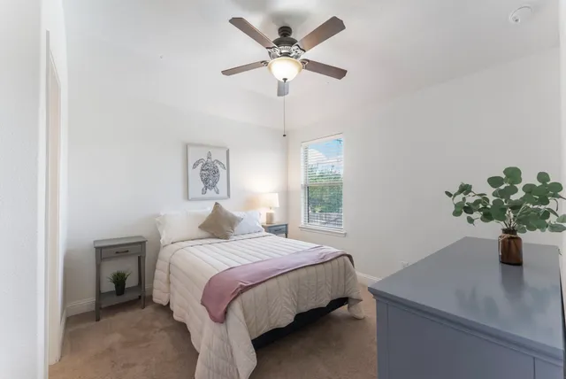 a bedroom with a bed and a potted plant