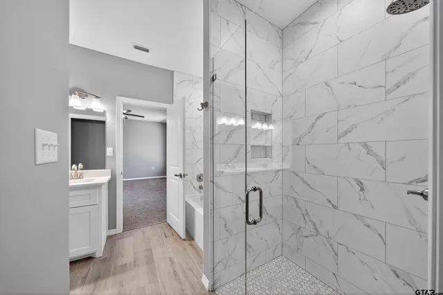 a bathroom with a shower and a sink