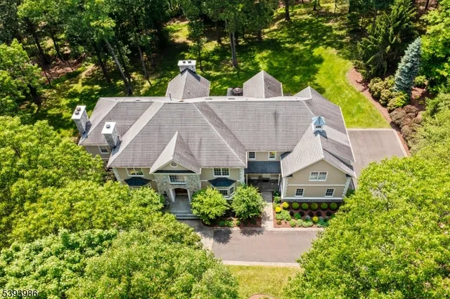 an aerial view of a house with swimming pool and garden