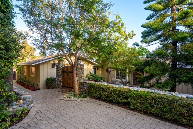 a view of a house with a yard and potted plants