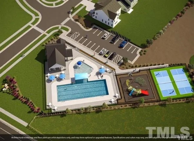 a view of a pool with a patio