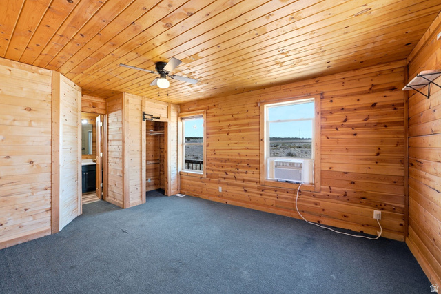 10937 South County Road, Unit 29 Duchesne, UT 84021 - Photo 12 of 41 Wood-paneled room featuring a ceiling fan, two windows, carpet flooring, a built-in closet with a sliding barn door, and an entryway to an adjoining space with a vanity