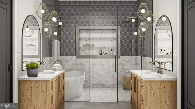 a bathroom with a sink a mirror and a shower