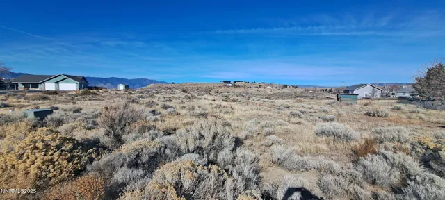 a view of a dry yard with wooden fence