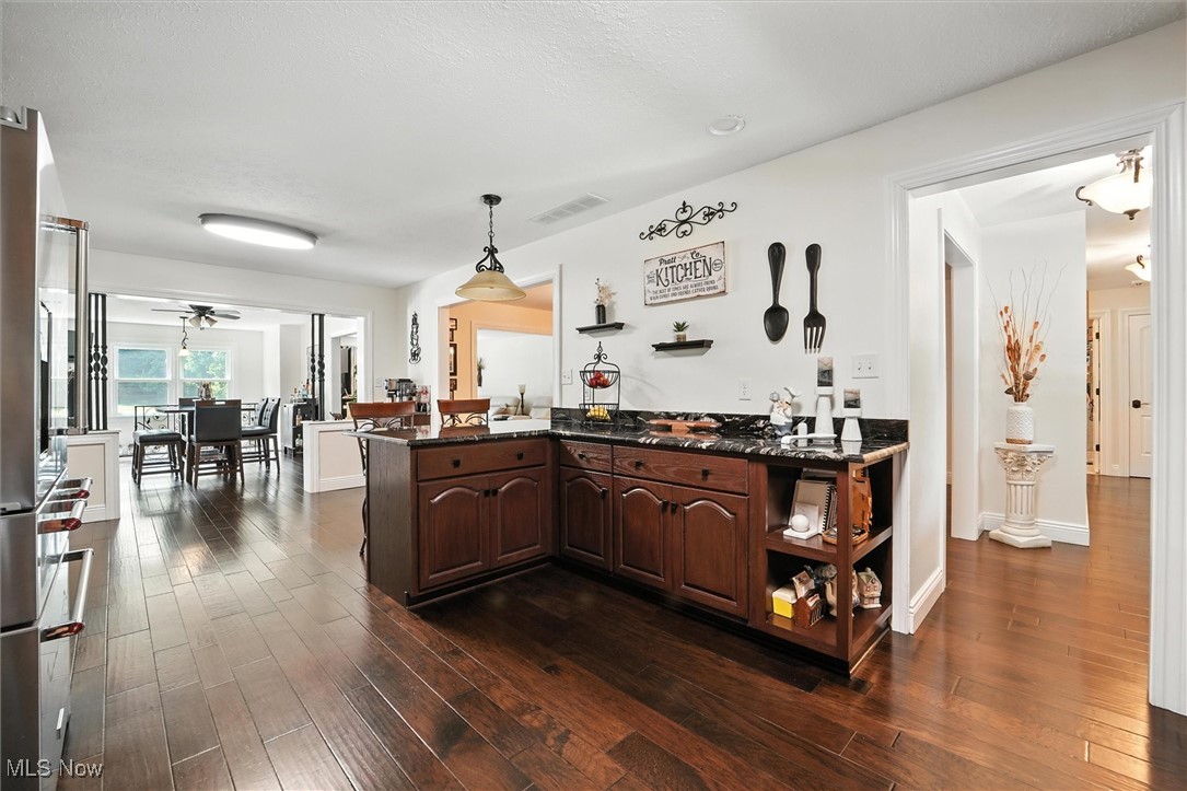 2930 South Ridge Road East Kingsville, OH 44048 - Photo 8 of 49 Bar with dark wood-style floors, hanging light fixtures, and ceiling fan