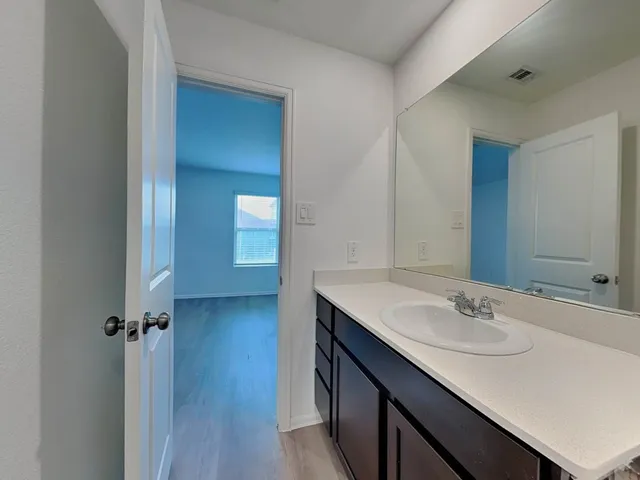 a bathroom with a sink double vanity and a mirror