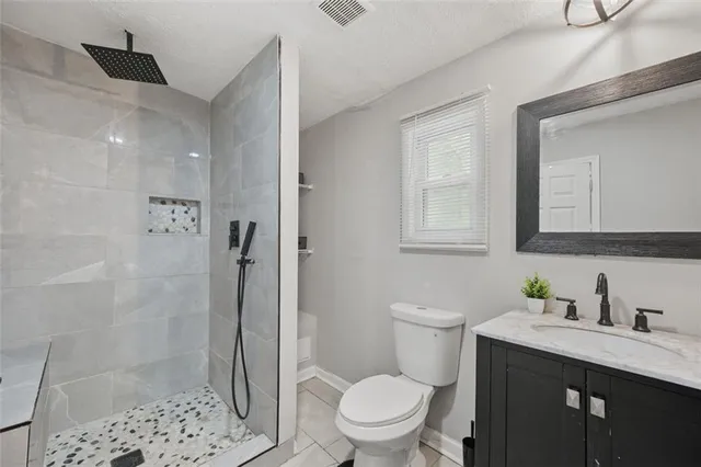 a bathroom with a sink a toilet a shower and a mirror