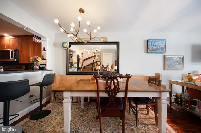 a view of a dining room with furniture