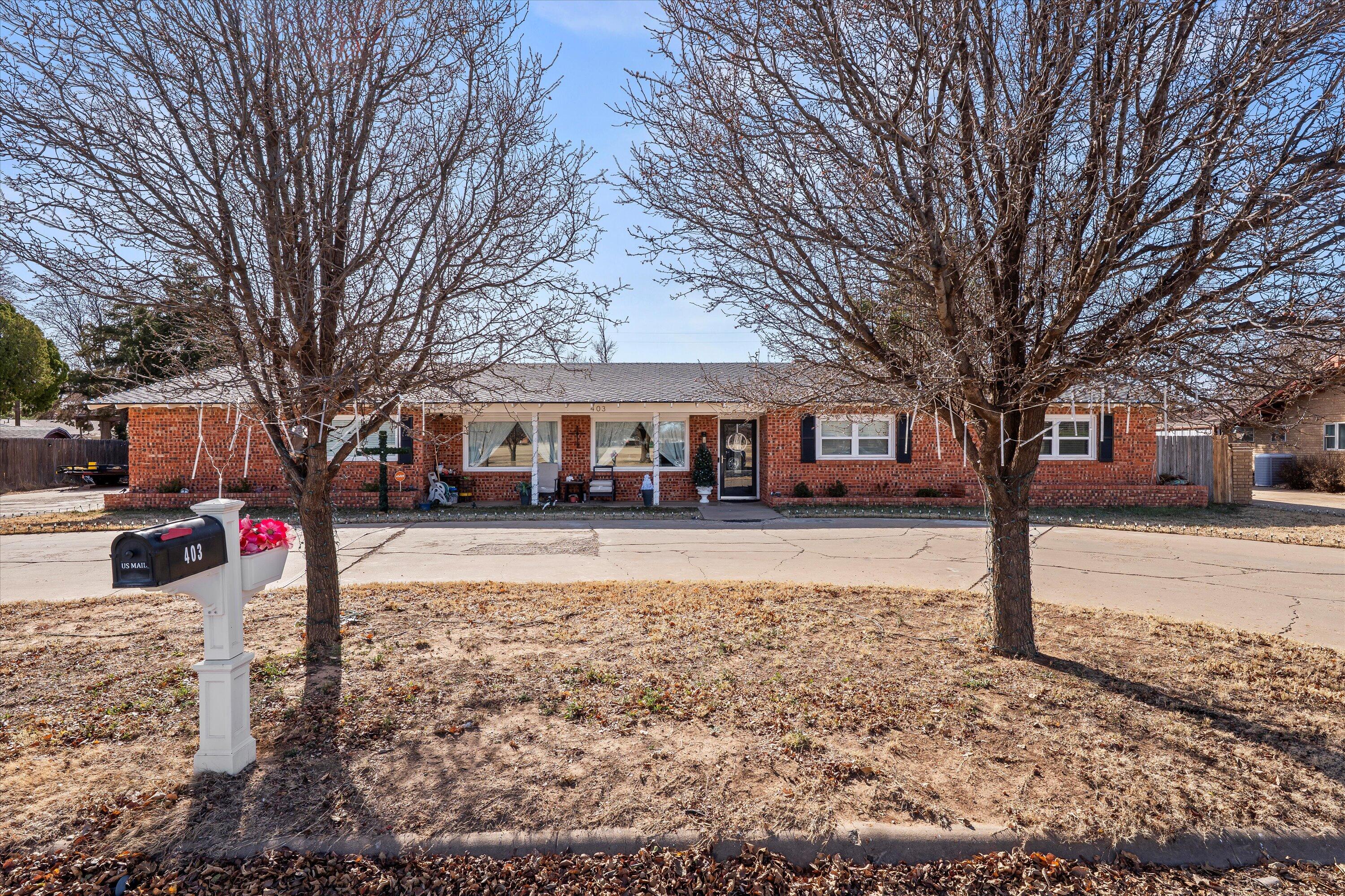 a front view of a house with a yard covered with snow and trees