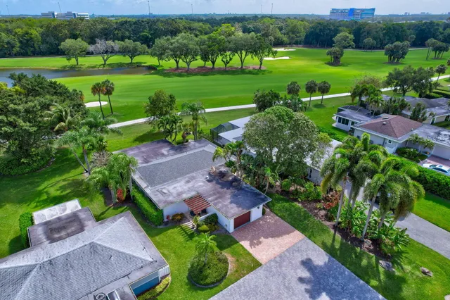 a view of a garden with lawn chairs and large trees
