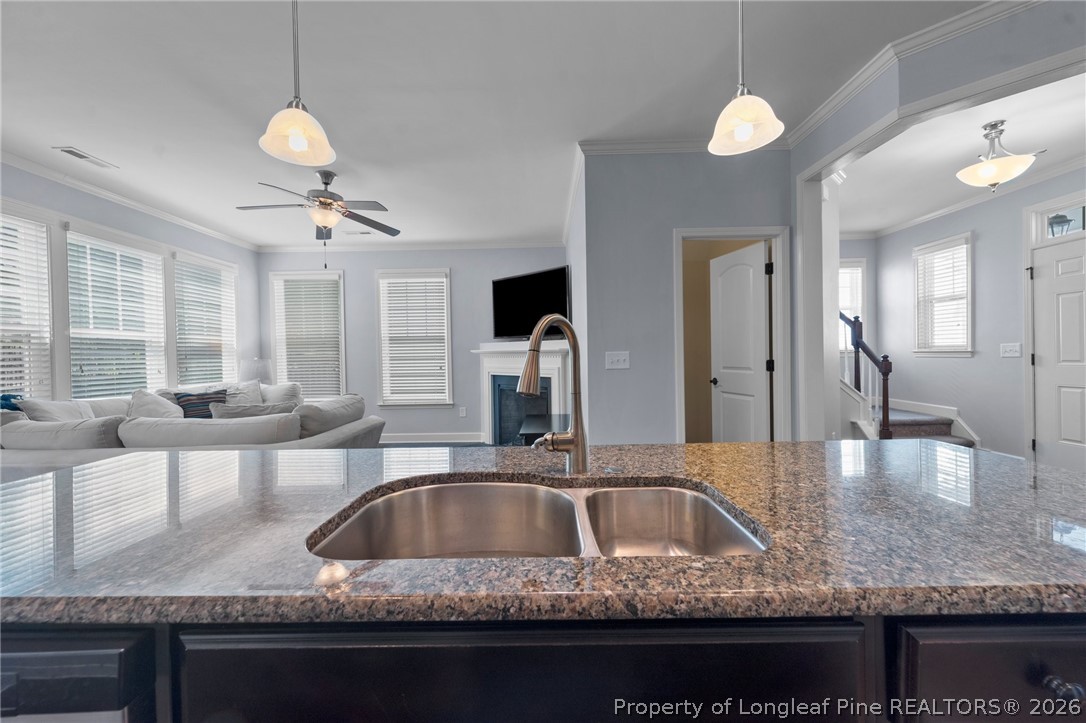 141 Pine Hawk Drive Spring Lake, NC 28390 - Photo 7 of 21 a kitchen with granite countertop a sink a counter top space and living room view