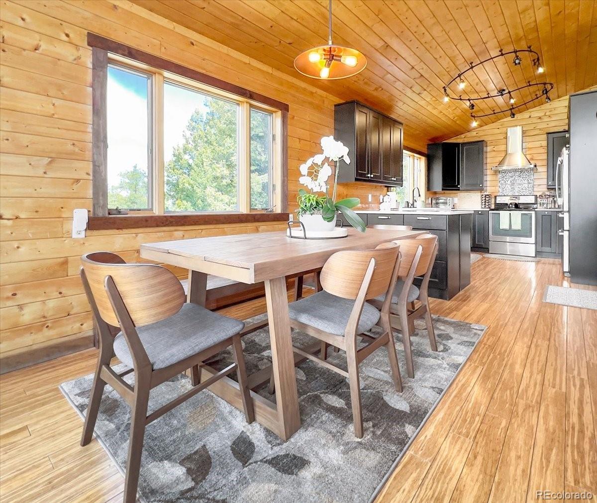 22155 Cook Lane Morrison, CO 80465 - Photo 7 of 28 a dining room with stainless steel appliances a dining table wooden floor and a large window