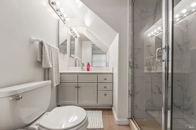 a bathroom with a toilet sink vanity and shower