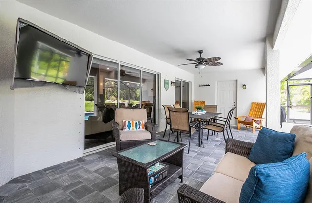 a view of a garden with a fountain