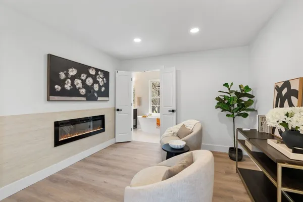 a living room with furniture a fireplace and a potted plant