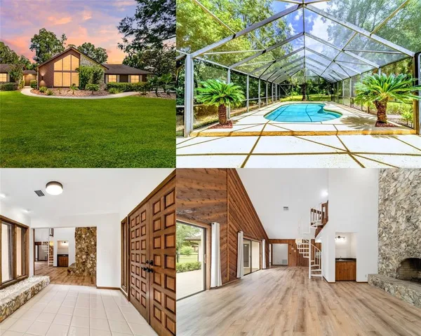 a front view of a house with a yard table and seating