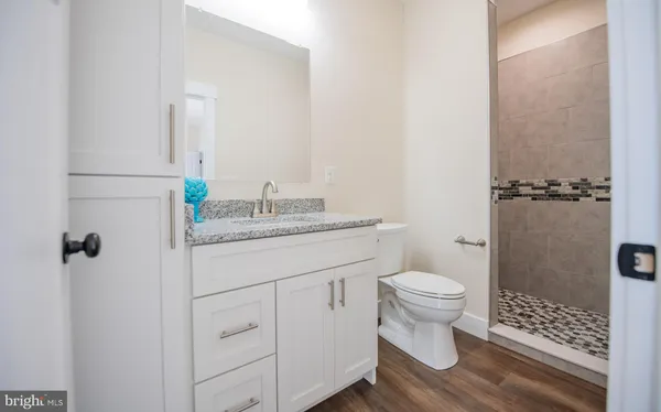 a bathroom with a granite countertop sink toilet and shower