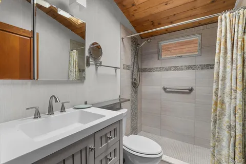 a bathroom with a sink a toilet and shower