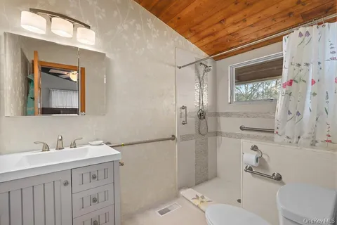 a bathroom with a sink a toilet and shower