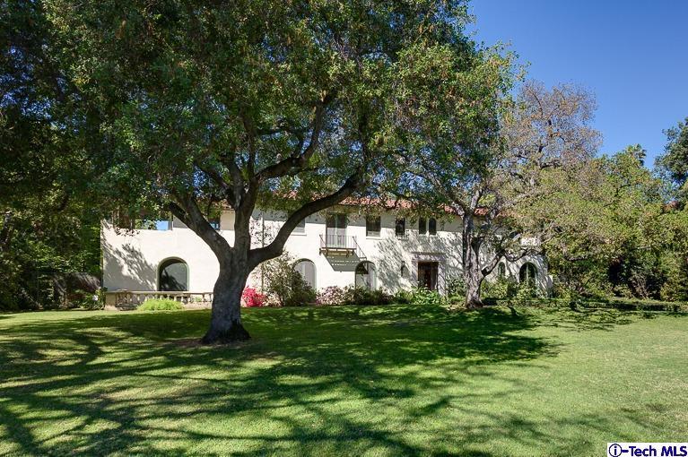 a view of a garden with large trees