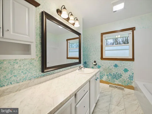 a bathroom with a granite countertop sink and a large mirror