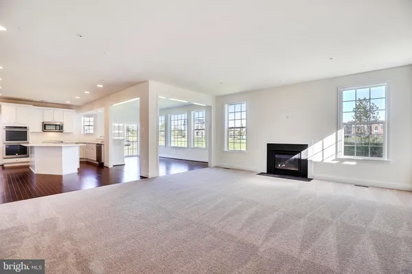 a view of empty room with fireplace and windows