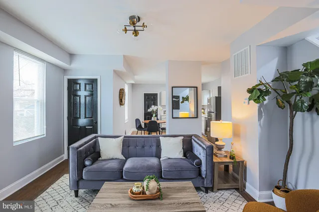 a living room with furniture and a potted plant