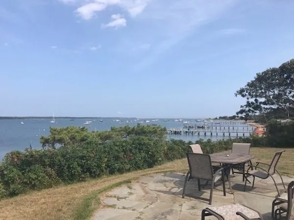 an outdoor view with a seating space