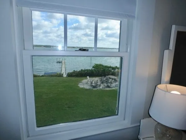 a view of a small space with a window