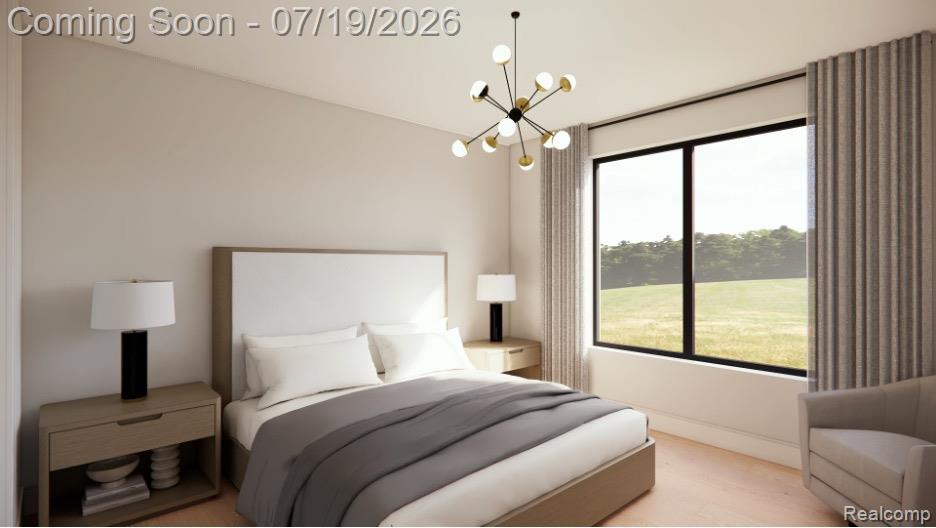 2585 Fairway Court Rochester, MI 48306 - Photo 18 of 19 Bright bedroom with a large picture window, a contemporary chandelier, two built-in side tables, and light-toned walls