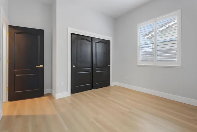 a bedroom with a bed and a closet