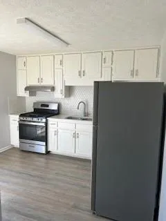 a kitchen with stainless steel appliances a refrigerator sink and white cabinets