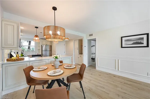 a view of a dining room with furniture window and wooden floor