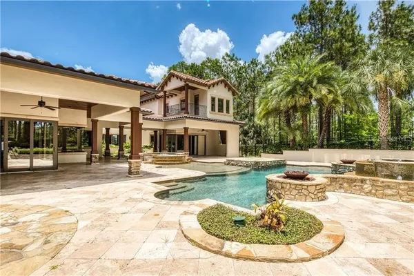 an aerial view of residential house with outdoor space and swimming pool